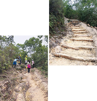 The condition of a heavily eroded trail before and after trail maintenance works.