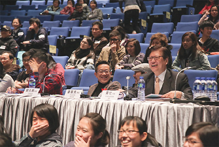 Sr Wong (second row, first right) attended the finale of the secondary school drama competition 2014 with the theme of “Building Tomorrow Today" and served as a judge.