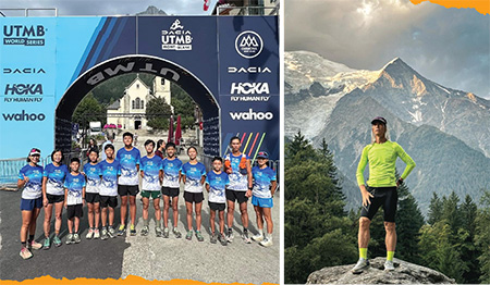 陳先生(右二)帶領學生參加在阿爾卑斯山舉行的環勃朗峰超級越野耐力賽，全程約一百七十一公里。