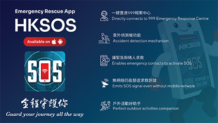 紧急求助手机应用程式「HKSOS」的主要功能。