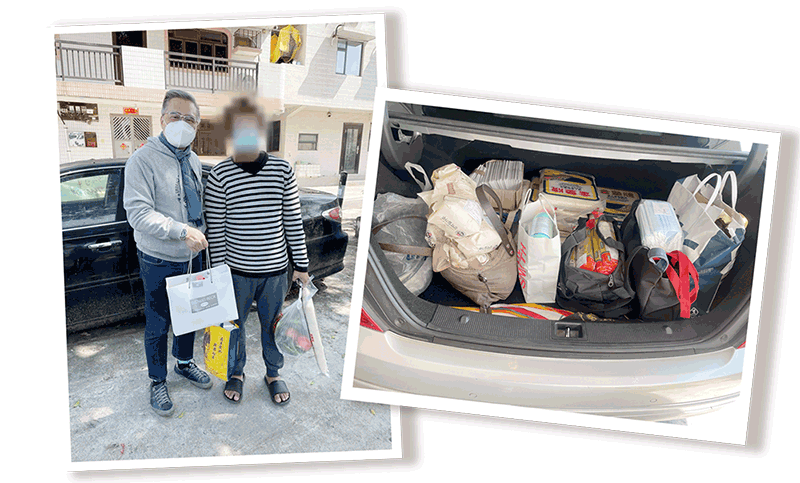 Mr Yeung (left) distributed hand sanitisers, face masks, rice and other items to the families of refugees and asylum seekers during the COVID-19 epidemic. 