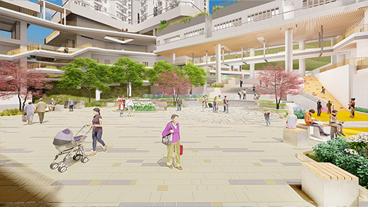 Conceptual image of public space design of reception estates for the redevelopment of Wah Fu Estate.